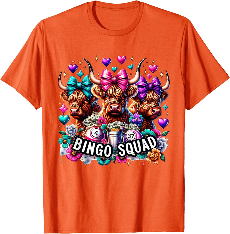 Highland Cow Bingo Player Gambler Lottery Player Highland Cow Bingo Squad Player Gambler Lottery Game Lovers T-Shirt - Orange