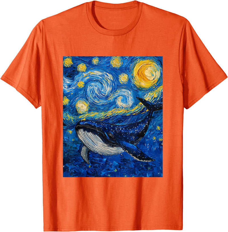 Whale Designs. Whale Fish Van Gogh Style Starry Night Sea Graphic T-Shirt - Orange