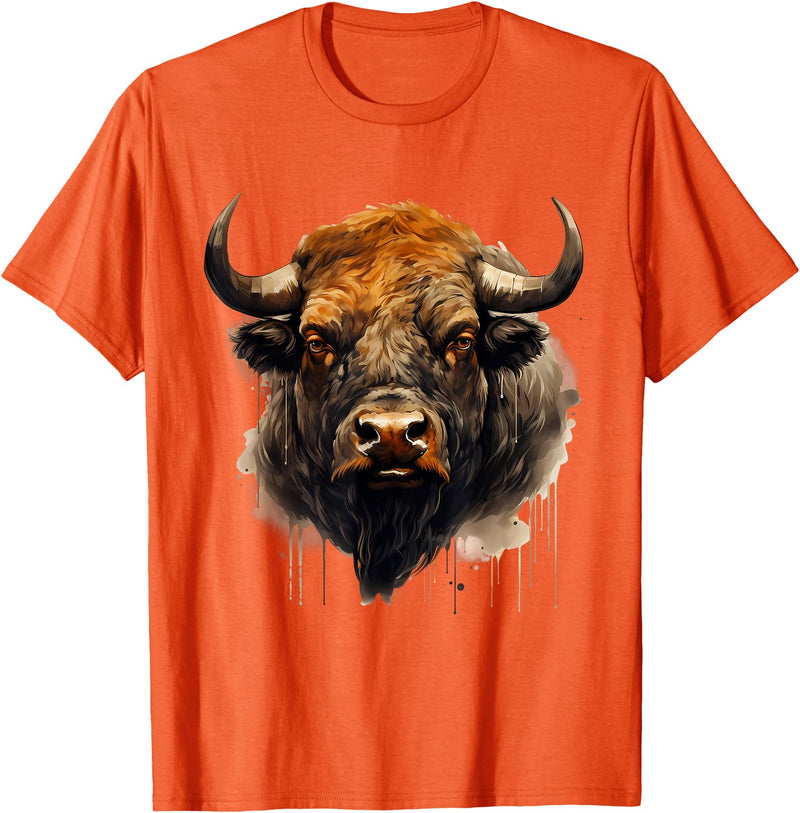 Safari Animal Art Buffalo Animal Print Portrait Bison Nature Artwork T-Shirt - Orange