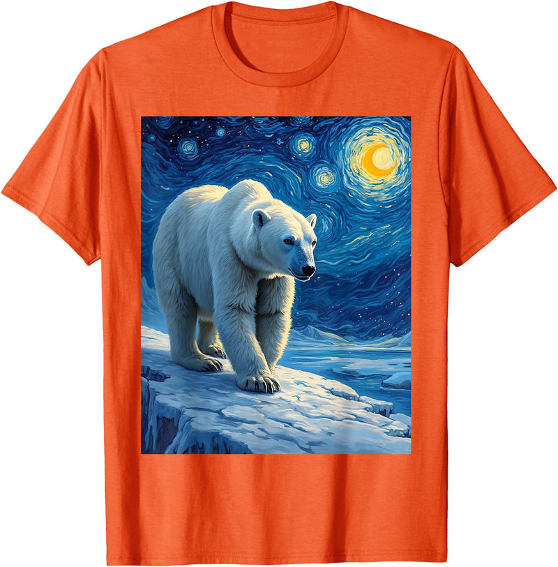 Polar Bear Van Gogh's Starry Night Wildlife Art Van Gogh's Starry Night Polar Bear Ice Bear Animal Lovers T-Shirt - Orange