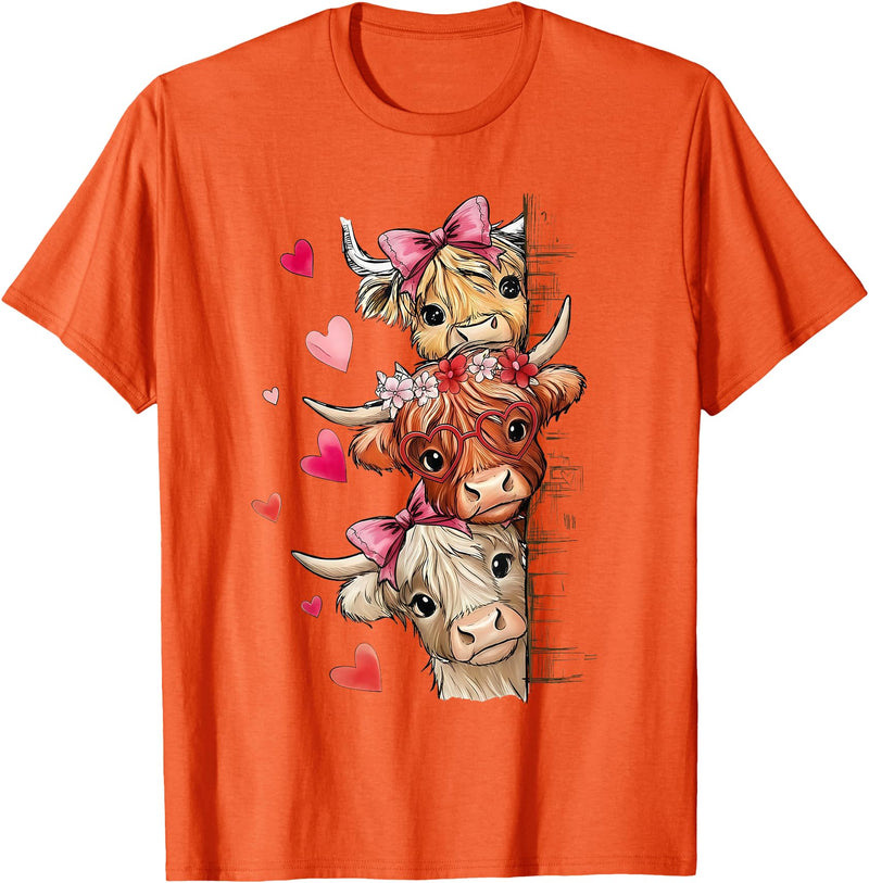 Cute Highland Cow Valentine Cow Lover Cute Highland Cow Trio Hearts Valentine Farm Animal T-Shirt - Orange