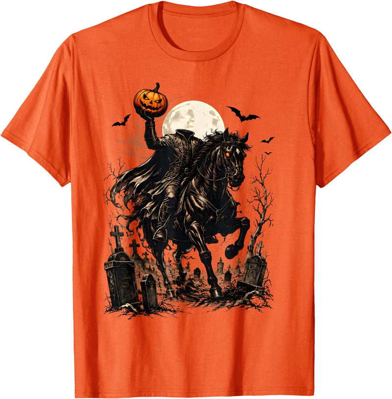 Midnight Horseman Gothic Halloween Vintage Headless Horseman Pumpkin Rider Haunted Halloween T-Shirt - Orange