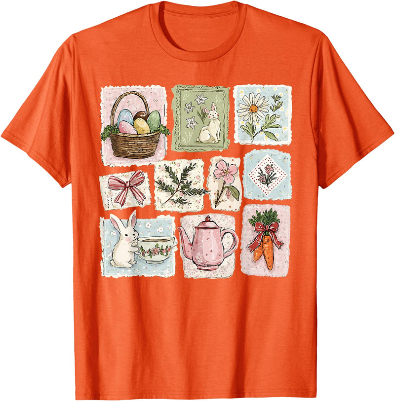 Floral Coquette Spring Easter Bunny Vintage Happy Easter T-Shirt in Orange