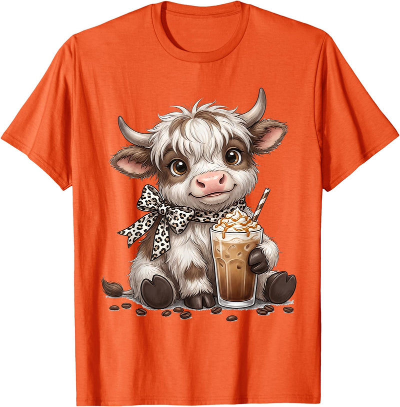 Funny Highlander Cow Drinking Coffee Lover Designs Highland Cow Drinking Iced Coffee Lover Funny Animal Meme T-Shirt - Orange