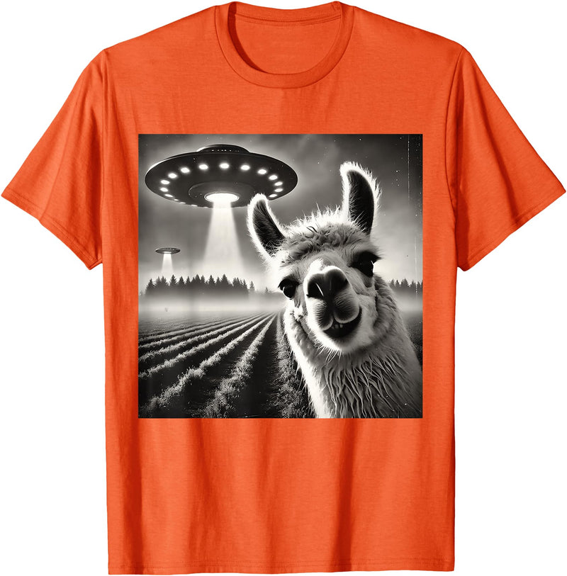 ÄLlamaAlpacaCo. Funny Llama Alpaca Selfie UFOs T-Shirt - Orange