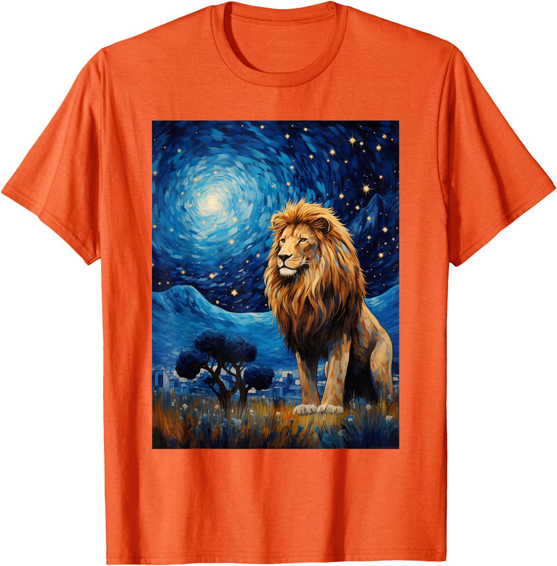 Painting Style Lion Lover Lion Starry Night Van Gogh Style Graphic T-Shirt - Orange