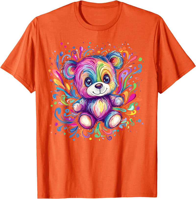 Vibrant Colorful Teddy Bear Illustration Rainbow Splash Teddy Bear T-Shirt - Orange