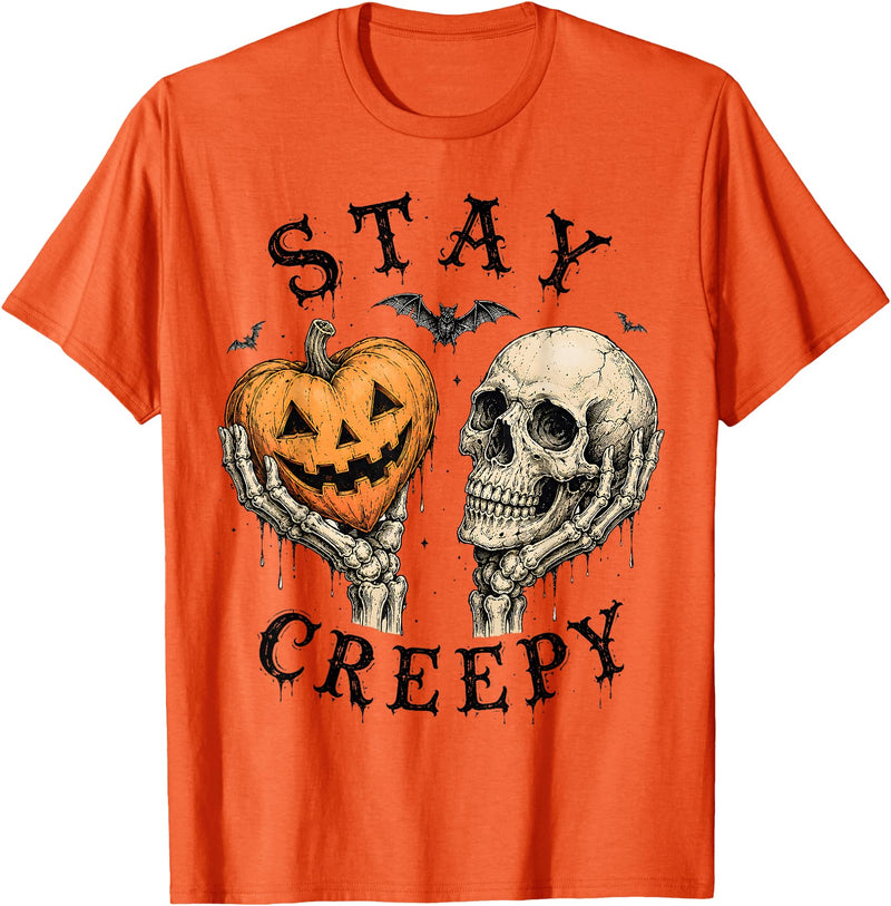 Stay Creepy Skeleton Pumpkin Halloween Horror Stay Creepy Pumpkin Skull Gothic Halloween Skeleton Humor T-Shirt - Orange