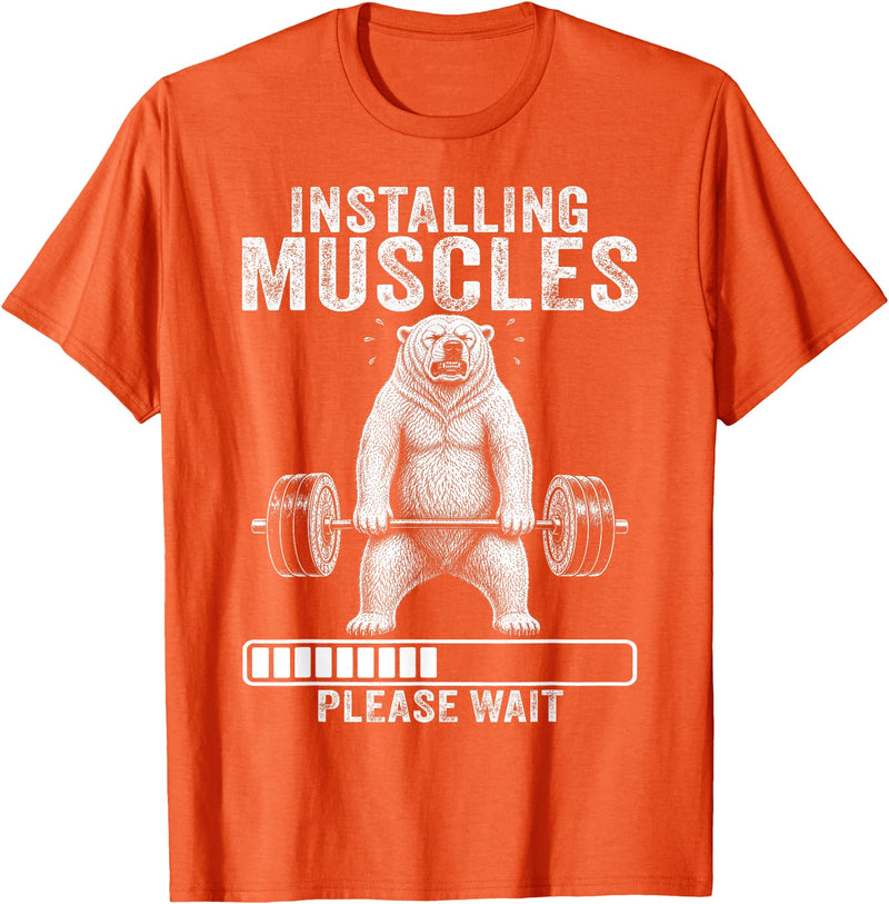 Funny Polar Bear Fitness Deadlift Workout Installing Muscles Please Wait Polar Bear Gym T-Shirt - Orange
