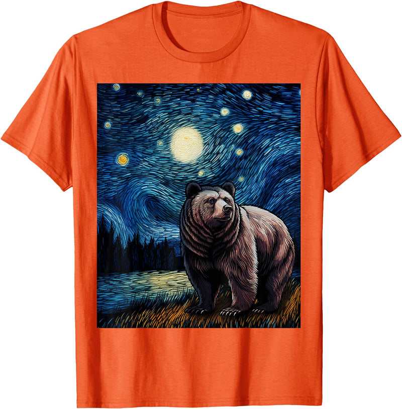 Starry Night Wildlife Graphic Grizzly Bear Van Gogh Starry Night Grizzlies Animal T-Shirt - Orange