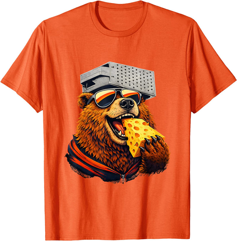 Retro Bear with Cheese for Boys Funny Animal humor Retro Bear Eating Cheese with a Grater Hat T-Shirt - Orange