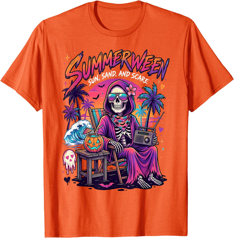 Summerween Halloween in July Spooky Summer Horror summerween Sun Sand and Scare Skeleton Halloween T-Shirt - Orange