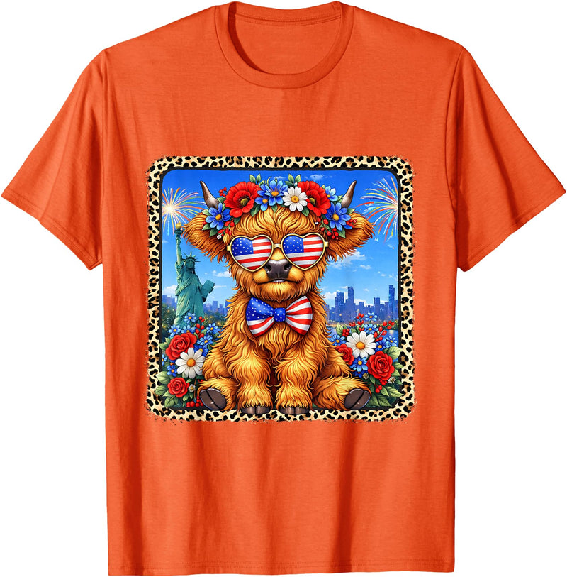 4th of July Apparel 4th of July Cow Patriotic Heart Glasses USA Floral Leopard T-Shirt - Orange