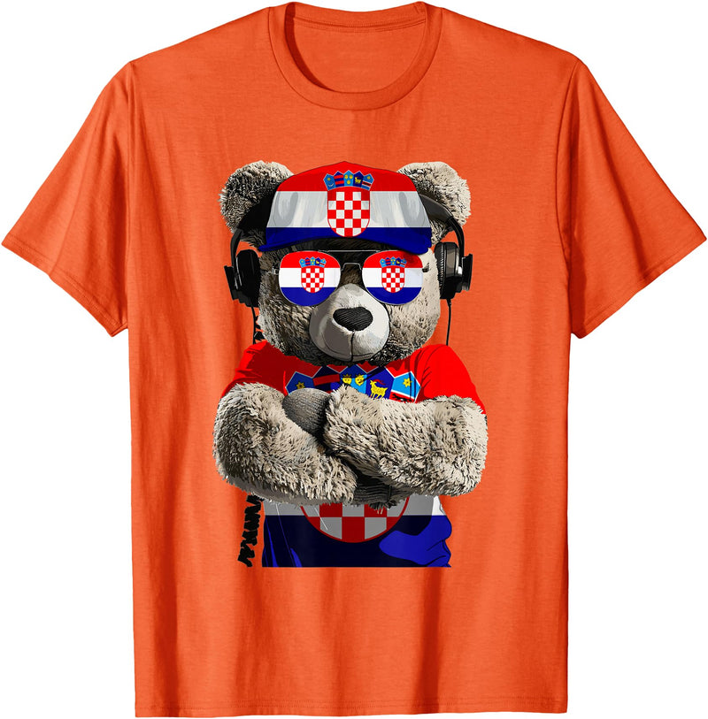 Croatia Flag Clothes Clothing for Men & Women Croatian Flag Bear Sunglasses Souvenirs Products Croatia T-Shirt - Orange