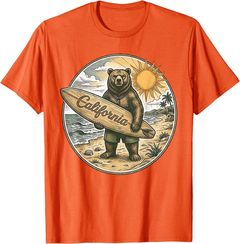 Retro Coastal Surf Bear Vintage Beach Apparel Vintage California Surf Bear Beach Retro Coastal Summer T-Shirt - Orange