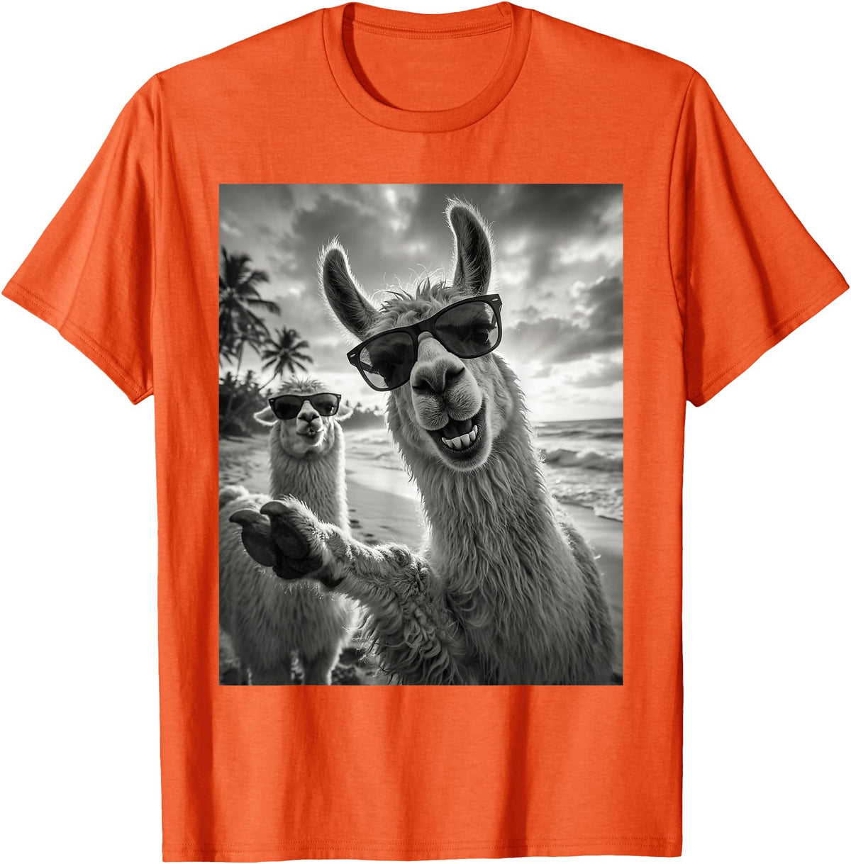 Funny Llama Stuff Accessories & Gifts Cool Llama Selfie At The Beach, Cute Llamas Alpaca T-Shirt - Orange