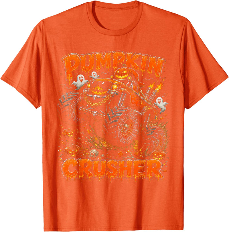 Pumpkin Crusher Kids Halloween Monster Truck Pumpkin Crusher Monster Truck Ghosts Halloween Boys T-Shirt - Orange