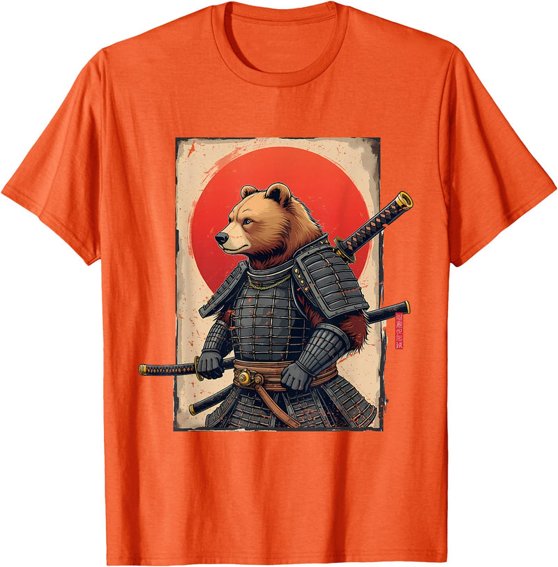 Japanese Samurai Bear Woodblock Art Samurai Brown Bear Ukiyo-e Ink Warrior Art Japanese Bear Art T-Shirt - Orange