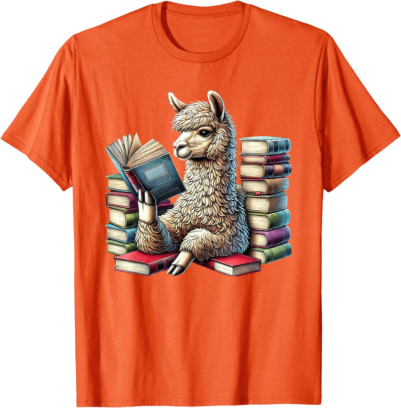 Llama Book Lover Llama Reading Book Reader Bookworm Alpaca Lover T-Shirt - Orange
