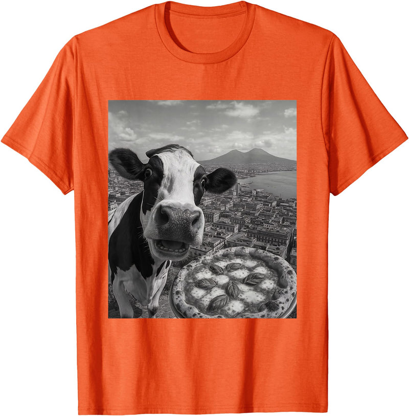 Wildfie – Selfies from Around the World Cow Pizza Selfie Funny Italy Meme Design T-Shirt - Orange