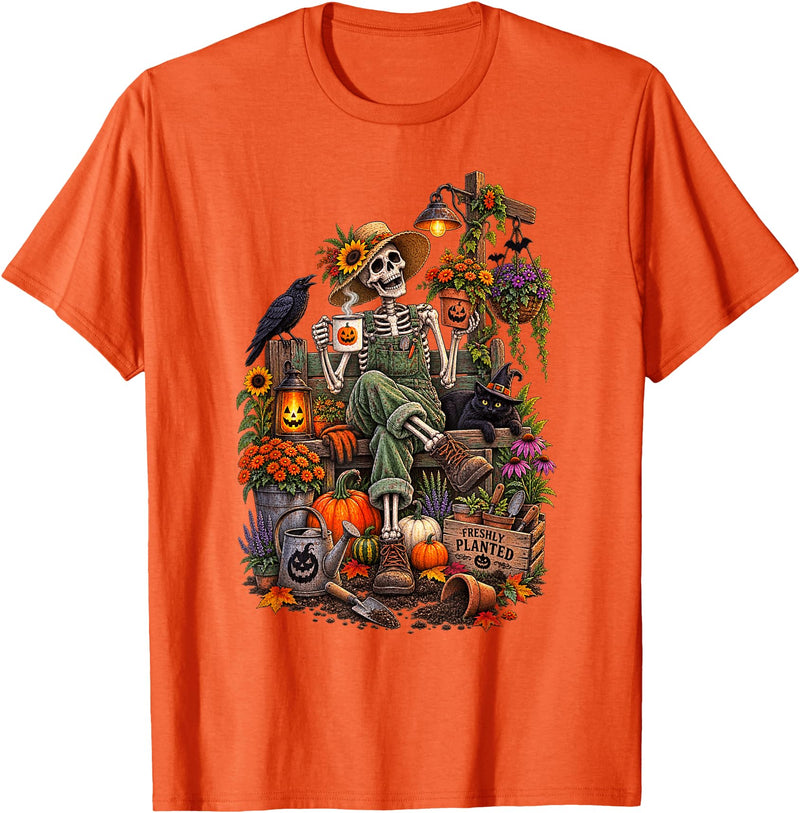 Halloween Gardening Lover Apparel & Gifts Outlet Freshly Planted Skeleton Gardener Halloween T-Shirt - Orange