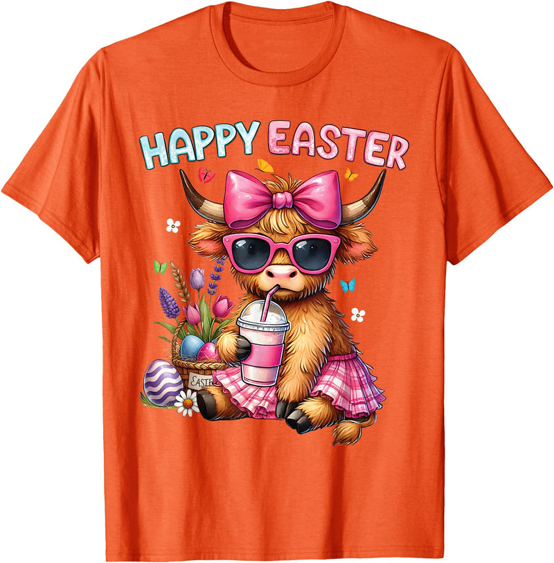 Farm Animal Highland Cow easter Gifts Happy Easter Day Highland Cow Cute Holiday Bunny Women Kids T-Shirt - Orange