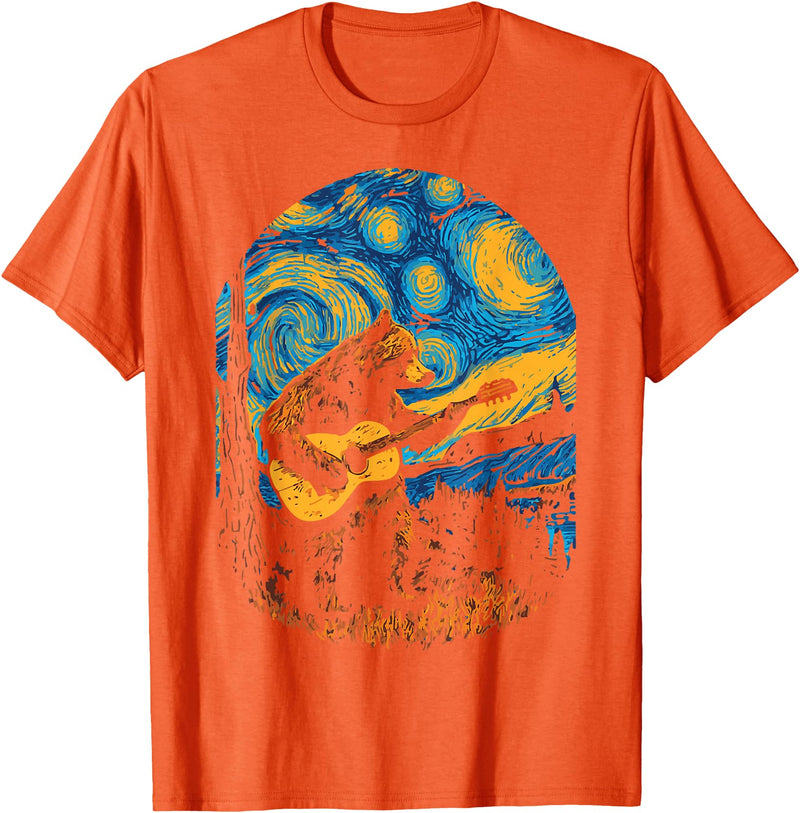 Bear playing Guitar Night-Sky Moon Guitar Grizzly Bear Blues Guitarist Starry Night Musician Music T-Shirt - Orange