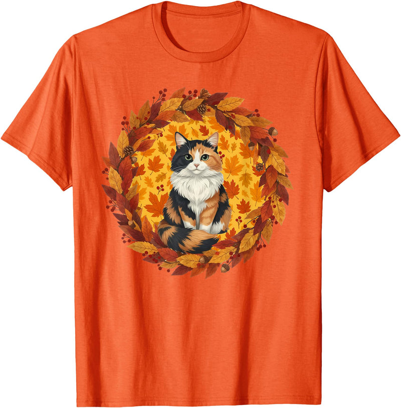 Calico Cat Autumn Fall Halloween Decor Apparel Calico Cat Autumn Leaves Wreath Cozy Fall Halloween T-Shirt - Orange