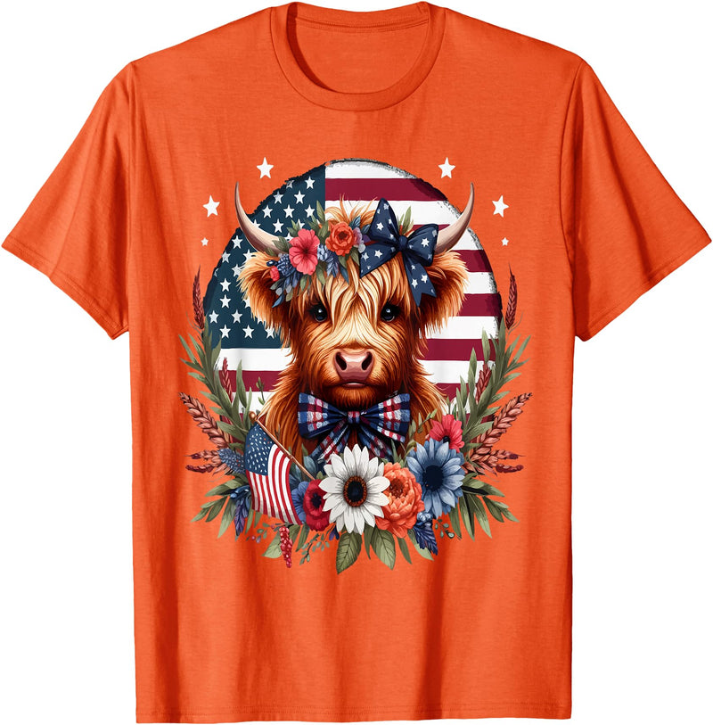 Funny July 4th Highland Cow Farm Lovers Gift Ideas Cute Highland Cow Florals 4th of July USA Flag Patriotic T-Shirt - Orange