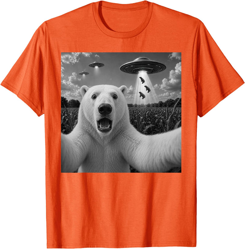 Retro Polar Bear Selfie with UFOs Meme Polar Bear Selfie with UFO Alien Funny T-Shirt - Orange
