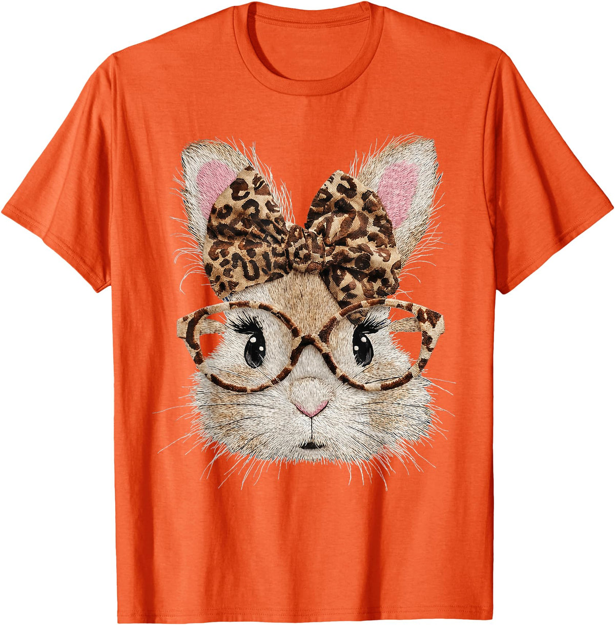 Cute Bunny Rabbit Face Leopard Coquette Bow Glasses Easter T-Shirt in Orange
