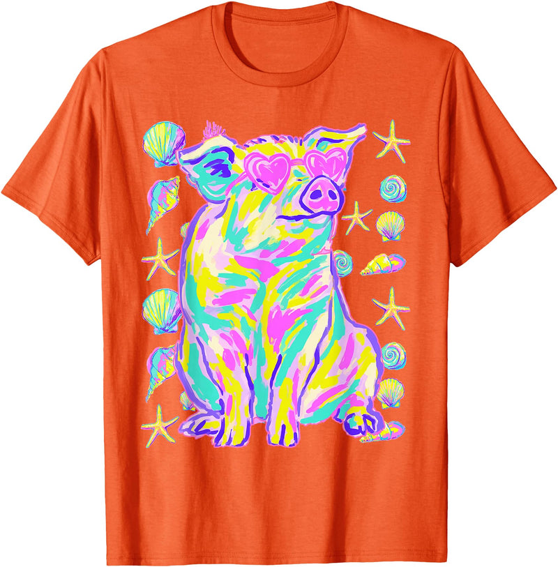 Coastal Summer Animals Beach Art Cute Pig with Hearts Sunglasses Seashells Coastal Summer T-Shirt - Orange