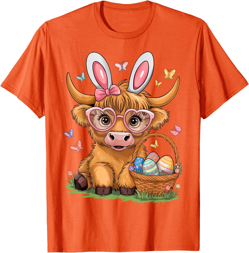 Bunny Highland Cow Easter Day Women Girls Easter Day Highland Cow Cute Easter Bunny Farmer Women Girls T-Shirt - Orange