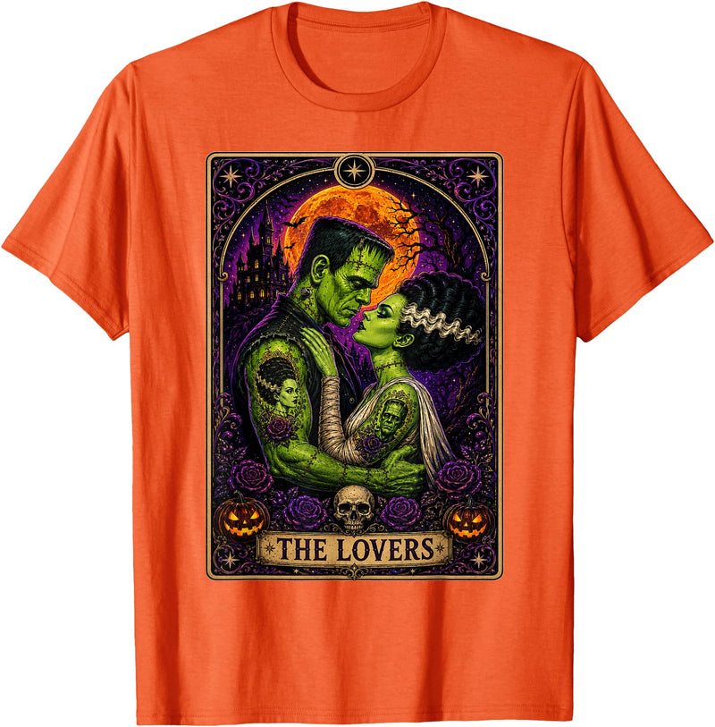 bride of frankenstein art Frankenstein and Bride Tarot Card Couples Spooky Halloween T-Shirt - Orange