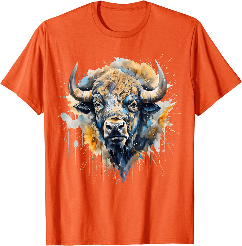 Safari Animal Art Buffalo Portrait Colorful Splash Artwork Wildlife Bison T-Shirt - Orange