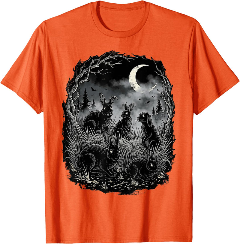 Midnight Woodland Rabbit Art Apparel Graphic Tees Creepy Black Rabbits Moonlit Forest Gothic Horror Halloween T-Shirt -