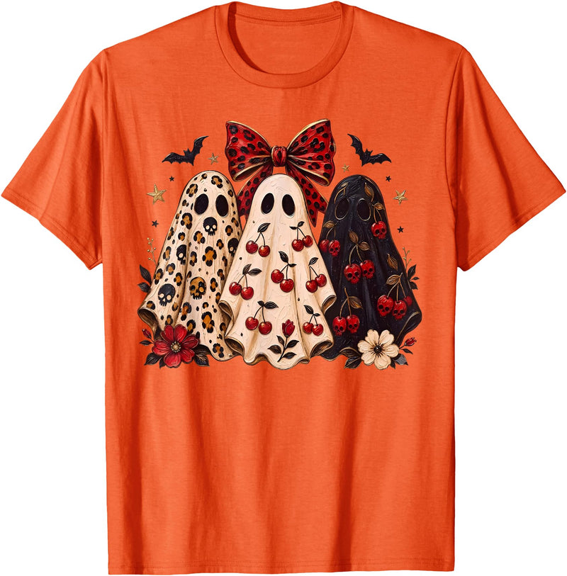 Skeleton Pumpkin Halloween For Women Girls Cute Coquette Ghost Leopard Bow Cherry Halloween Women Girls T-Shirt - Orange