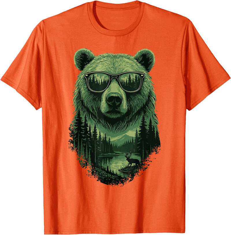 Bear Wildlife Deer Campfire Nature Apparel Bear Sunglasses Wildlife Deer Campfire Nature Vintage Forest T-Shirt - Orange