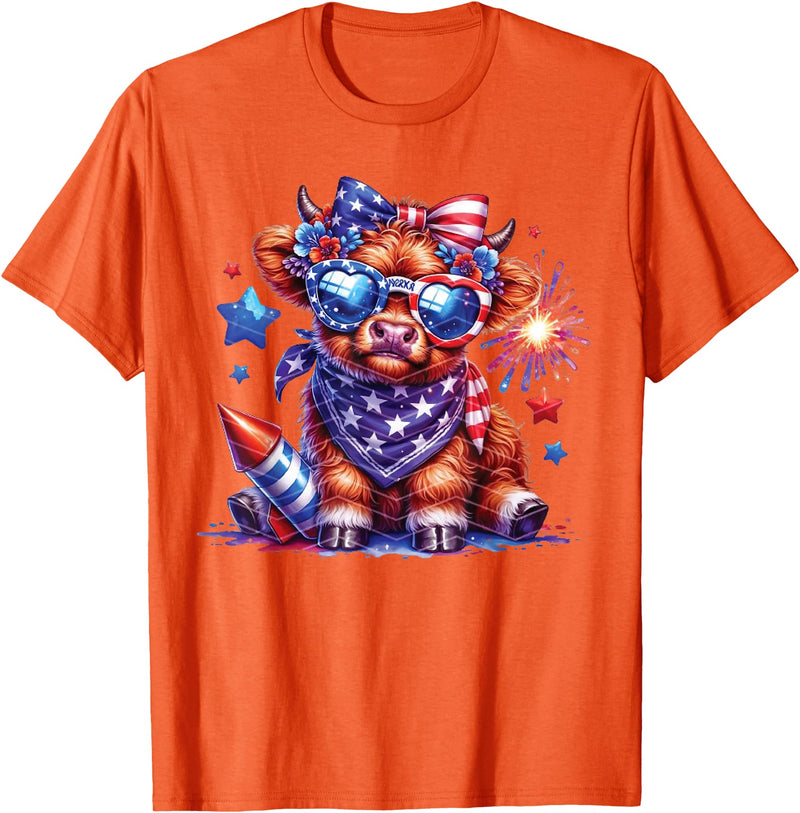 July 4th Highland Cow Farm Lovers America Costume Cute Highland Cow Florals 4th of July USA Flag Patriotic Cow T-Shirt -