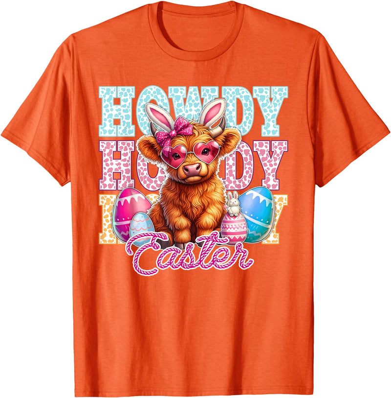 Highland Cow Easter Cute Western Farm Apparel Howdy Easter Cute Highland Cow Bunny Ears Western Easter T-Shirt - Orange