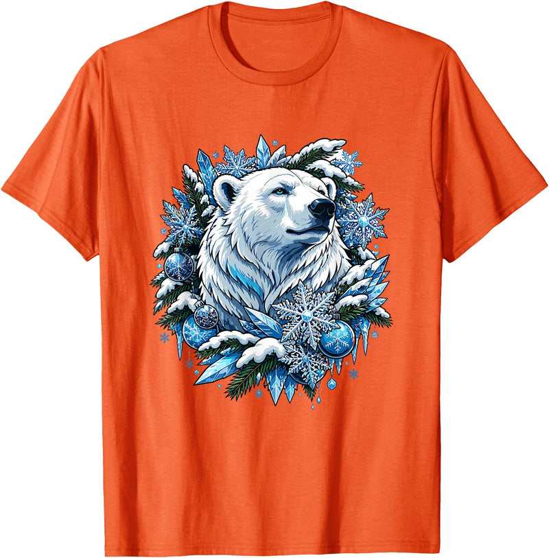 Arctic Polar Bear Winter Snowflakes Christmas Polar Bear Wreath Ice Crystals T-Shirt - Orange