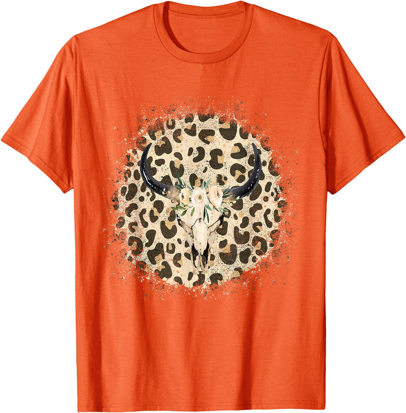 Funny Leopard Cow Skull designs Funny Leopard Cow Skull print Flower Rustic Turquoise T-Shirt - Orange