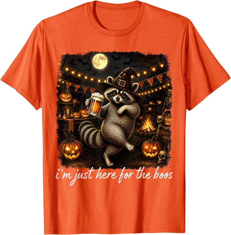 Halloween Tees Kids Women Men I'm Just Here for The Boos Funny Raccoon Pumpkin Halloween T-Shirt - Orange