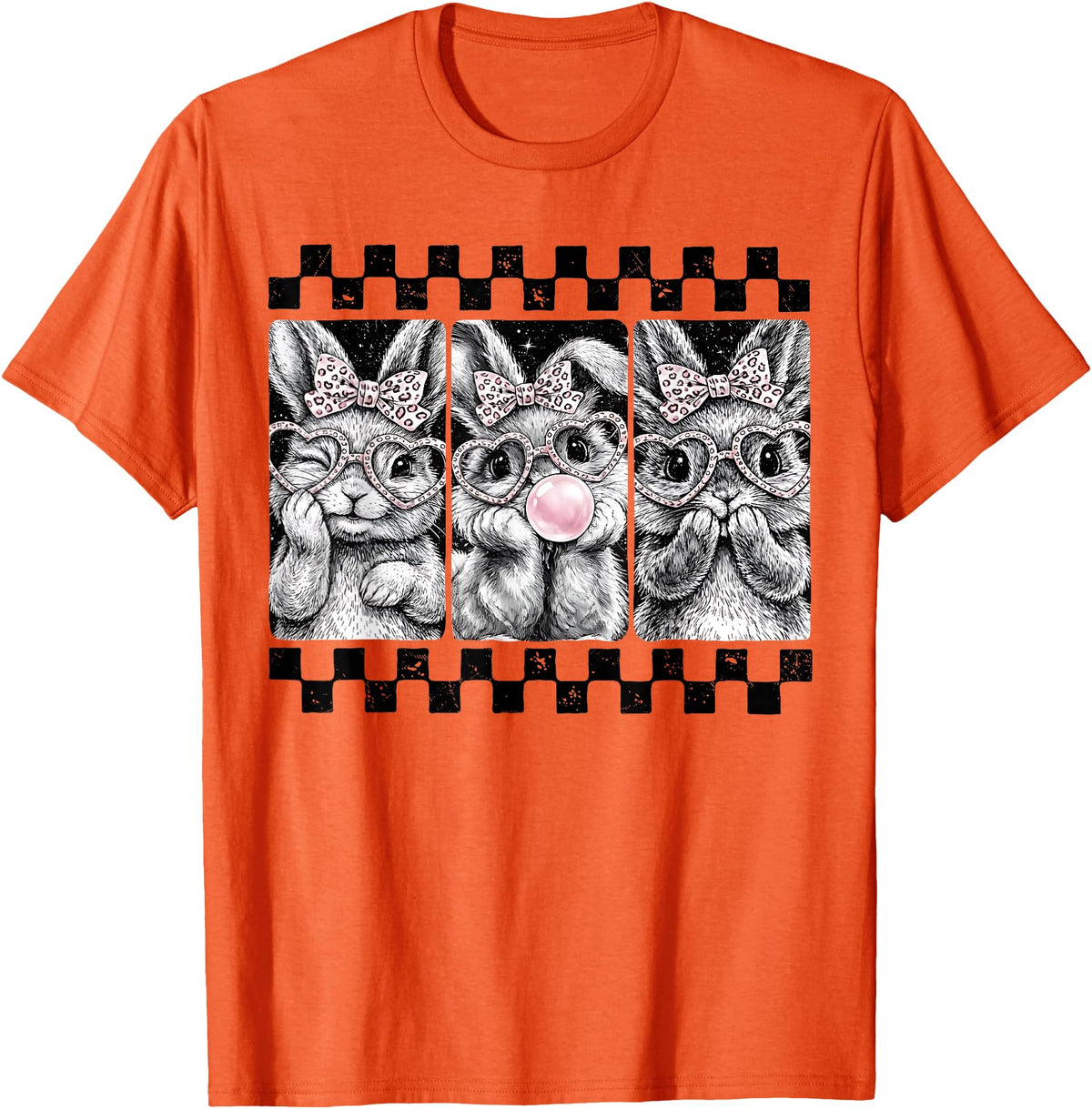 Leopard Bow Bunny Blowing Bubble Checkered Easter Day Girls T-Shirt in Orange