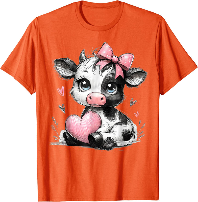 Cow Farmer Coquette Bow Tees Cute Baby Cow with Pink Coquette Bow Holding Heart T-Shirt - Orange