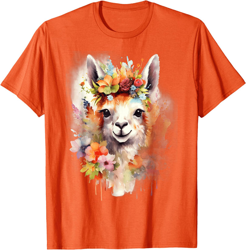 Llama Bloom Studio Cute Llama Floral Crown Watercolor Animal Art T-Shirt - Orange