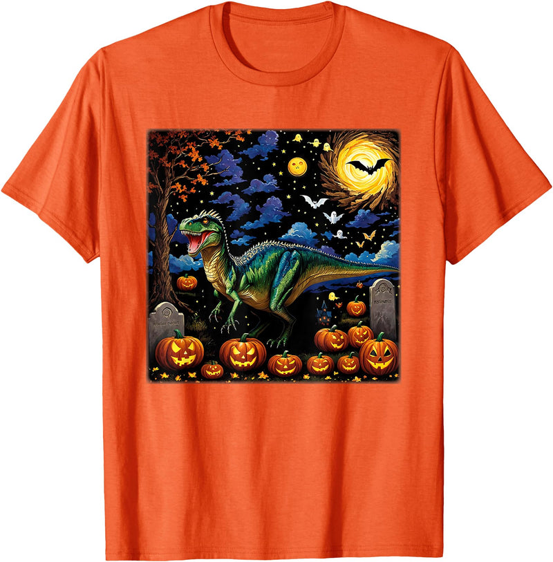 Starry Night Velociraptor Halloween Spooky Halloween Velociraptor Starry Night T-Shirt - Orange