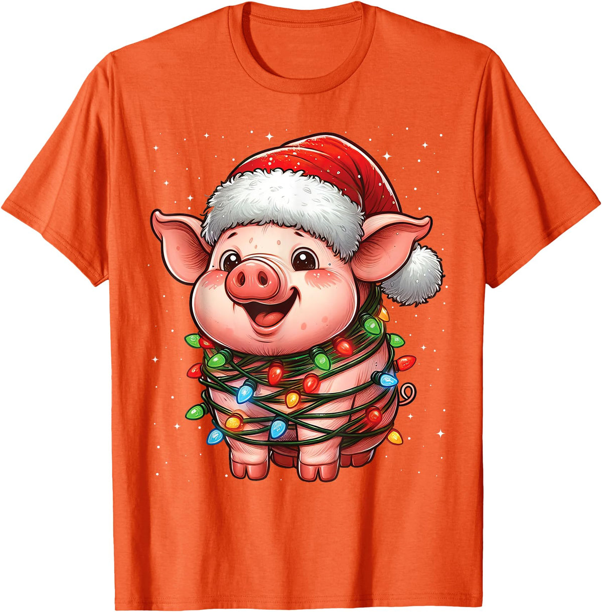 Wrapped with Christmas Lights Pig Christmas Lights Santa Hat Xmas Snow T-Shirt - Orange
