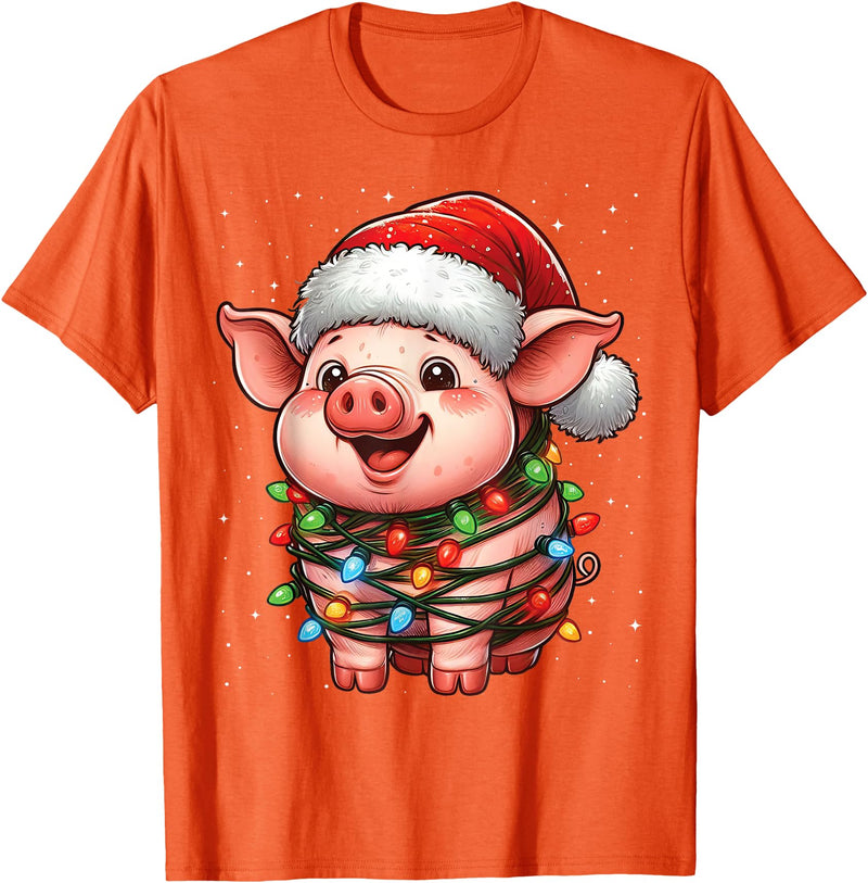 Wrapped with Christmas Lights Pig Christmas Lights Santa Hat Xmas Snow T-Shirt - Orange