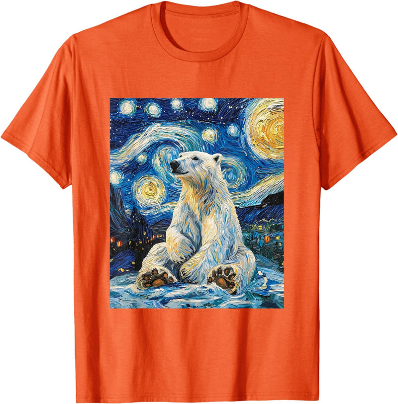 Bear Designs. Cute Polar Bear Van Gogh Style Starry Night Funny Graphic T-Shirt - Orange